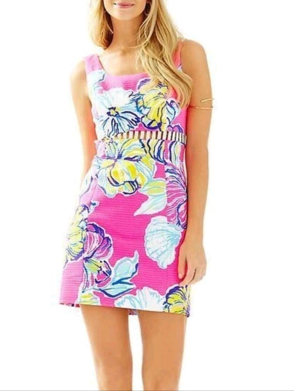 Lilly Pulitzer Iggy Kir Royal Pink Floral Cutout Waist Mini Shift Dress